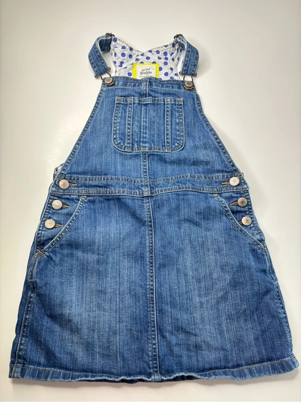 Mini Boden Blue Denim Girls' Overall Dress with Polka Dot Lining